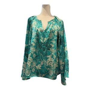 Vince Camuto Teal Paisley Blouse Medium - Relaxed Fit Split Neck Top